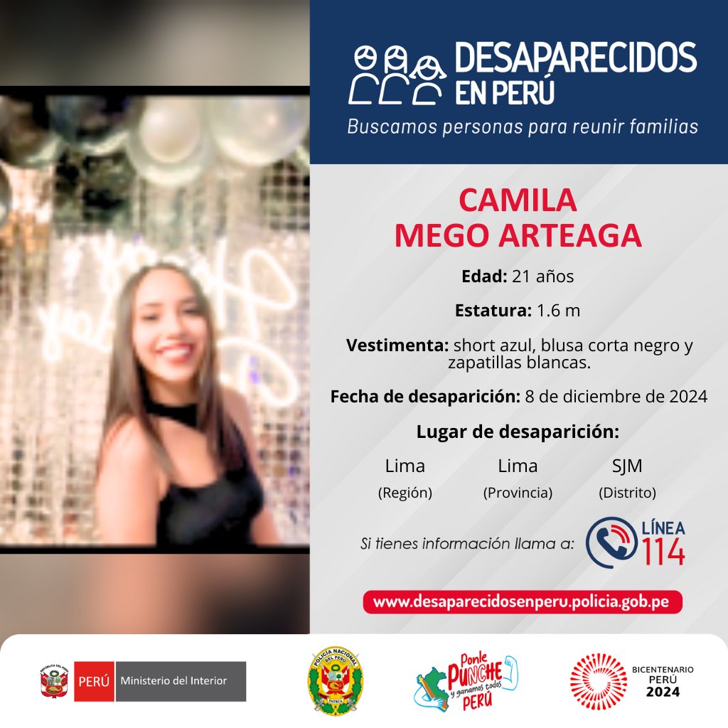 MininterPeru's tweet photo. 📢 ¡Atención! Han desaparecido Gariela Sedamano (12), Percy Carbajal (26), Lamberto Cáceres (83) y Camila Mego (21).

📱 Llama a la #Línea114 de la @PoliciaPeru si conoces el paradero de alguna de ellas.

🔁 Comparte y ayudemos con la búsqueda.

#DesaparecidosEnPerú