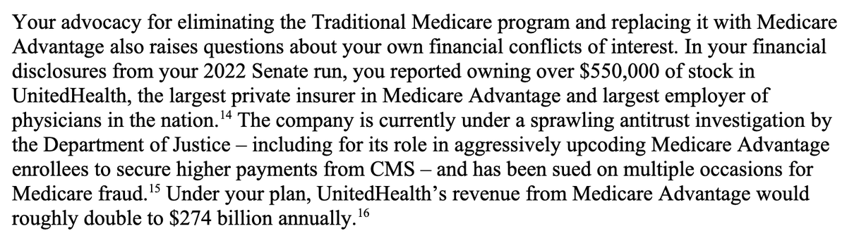 Maybe Dr. Oz owning $550,000 in UnitedHealth stock and seeking to run  the agency that oversees UnitedHealth's biggest cash cow (Medicare  Advantage) should get more attention
warren.senate.gov/imo/media/doc/…