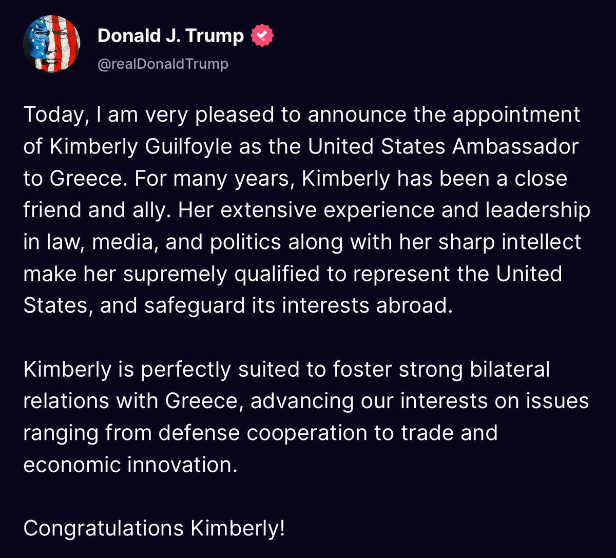 GuntherEagleman's tweet image. BREAKING: Trump just nominated Kimberly Guilfoyle as Ambassador to Greece!

Congratulations @kimguilfoyle, you’ll do PERFECT!