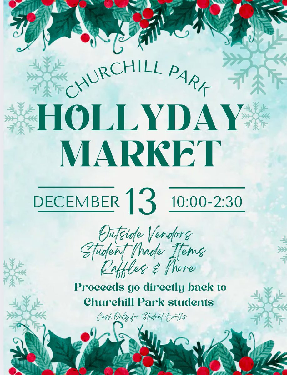 CHPCRUSADERS's tweet image. 🎄✨ Join us at Churchill Park’s Hollyday Market! ✨🎄

🗓 Friday, December 13
⏰ Time: 10:00 AM - 2:30 PM
📍 Location: Churchill Park School

Discover unique student-made items, shop from local vendors, and enjoy fun raffles and more—all while supporting our wonderful students!…