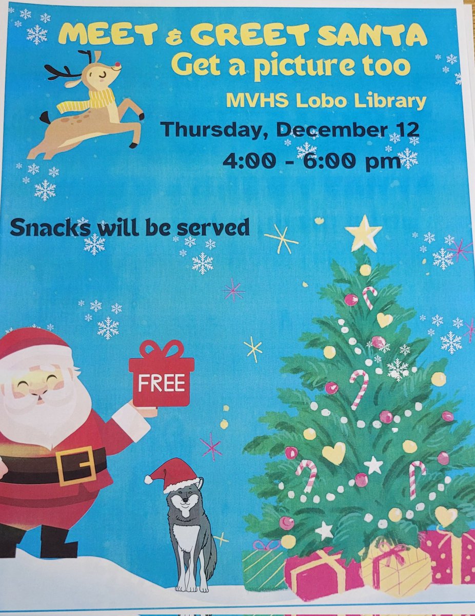 Santa is on his way to Montana Vista. He will be in the MVHS Lobo Library Thursday 4-6,pm.  You can get a free picture with the man in red and grab a snack too!!
#Weareclintisd
#loboswillbeheard