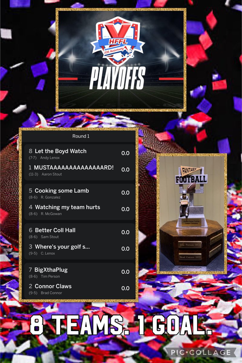 HudsonFFL's tweet photo. Congrats to the 8️⃣ HFFL members to move on to the 2024 Playoffs. Who will be the last one standing?! 🏆 #HFFL #FantasyFootball #playoffs https://t.co/WEqWeb2QIt
