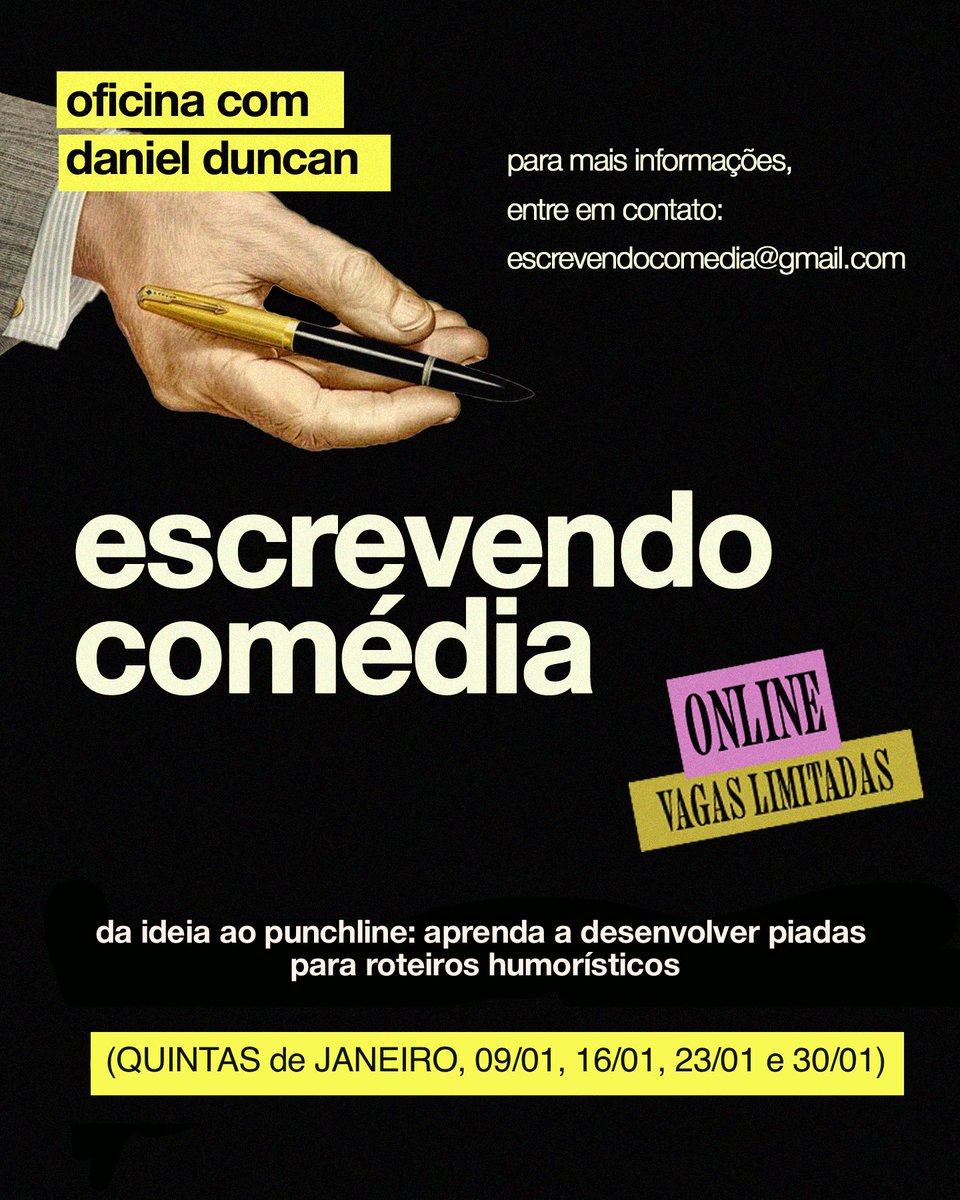 daniduncan's tweet photo. NOVA OFICINA EM JANEIRO! 📚    

Confira as atividades nas imagens deste post.   

Quando: QUINTAS de JANEIRO, 09/01, 16,01, 23/01 e 30/01), das 19h às 21h.

Para mais informações sobre a oficina e formas de pagamento, entre em contato pelo e-mail: escrevendocomedia@gmail.com https://t.co/VHQVjDg1Cl