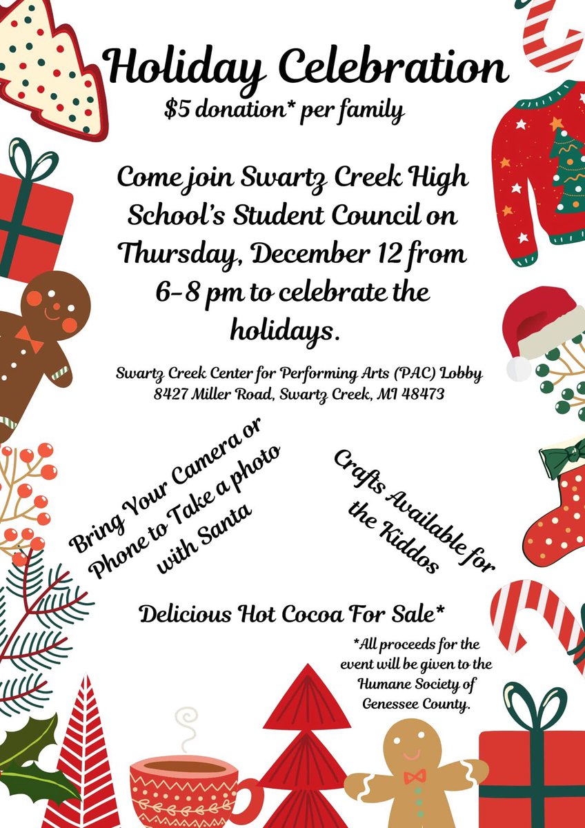 📅 Date: Thursday, December 12
⏰ Time: 6–8 PM
📍 Location: Swartz Creek Center for Performing Arts (PAC)
$5 donation per family – All proceeds will support the Humane Society of Genesee