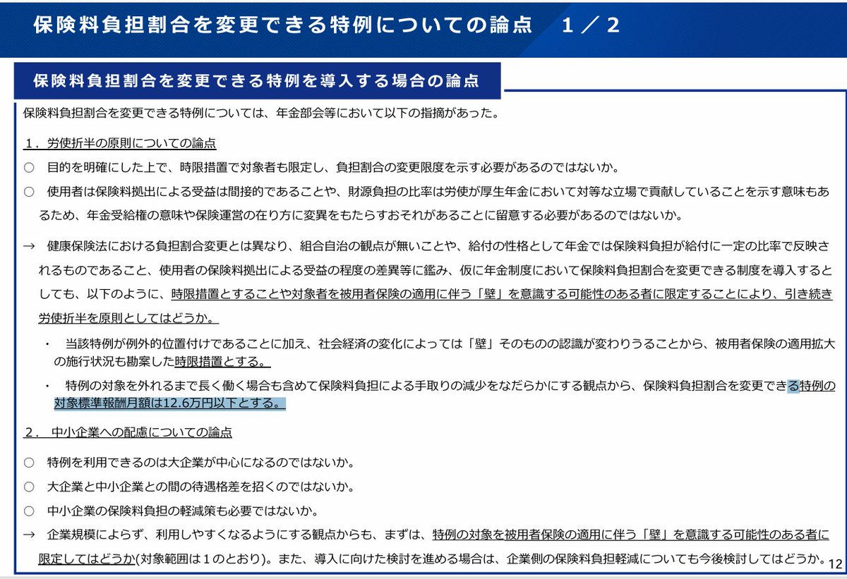 okayokay0214's tweet photo. 報道でも出ていますが、第23回社会保障審議会年金部会で社会保険の年収の壁、企業規模要件の撤廃の方向性が了承されています
保険料負担割合を変更できる特例について（折半で無く事業主負担を多くできる）は対象標準報酬月額は 12.6万円以下とすることが想定されています
https://t.co/lj0NeywJyC https://t.co/XqmPi8rA4e