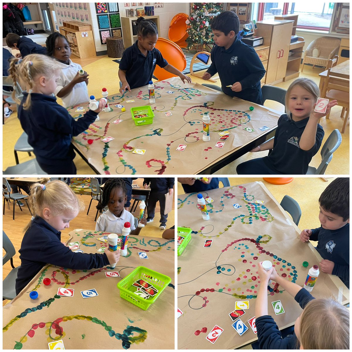 Pavao_Cecco's tweet photo. Uno cards were the inspiration for today’s math practice. Students flipped a card over and dabbed the same number and colour of Christmas lights on the string #hcdsbk @saopmilton1 @HCDSB_k https://t.co/54o5lUqeoL