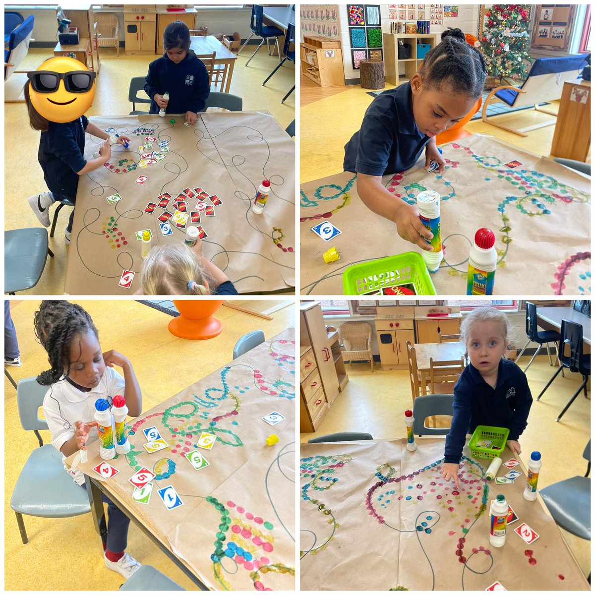 Pavao_Cecco's tweet photo. Uno cards were the inspiration for today’s math practice. Students flipped a card over and dabbed the same number and colour of Christmas lights on the string #hcdsbk @saopmilton1 @HCDSB_k https://t.co/54o5lUqeoL