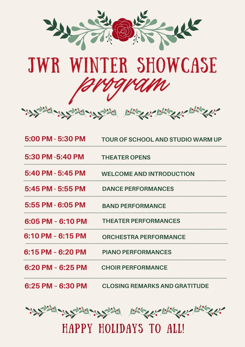Please join us Wednesday, December 11th for our JWR Visual Performing Arts Winter Showcase. Come see our 4th and 5th graders showcase their gifts and talents.