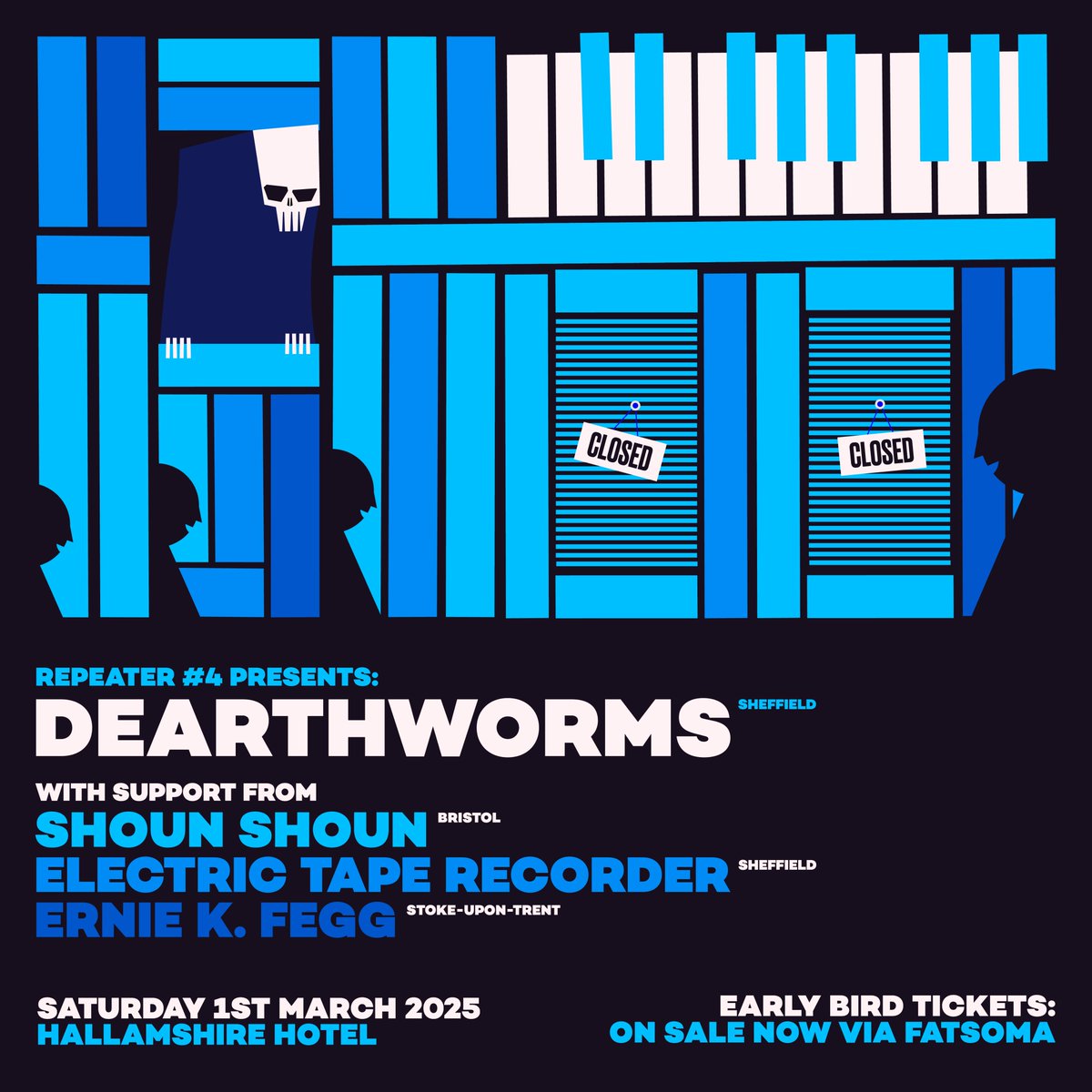 Repeater 4: #Sheffield, #Berlin/#Bristol and Stoke-Upon-Trent have kindly lent us their favourite sons and daughters for an epic evening of bizarre sonic chaos.

Saturday 1st March.
Hallamshire Hotel, Sheffield
Tickets: fatso.ma/0ZdQ

Get them before they're gone!