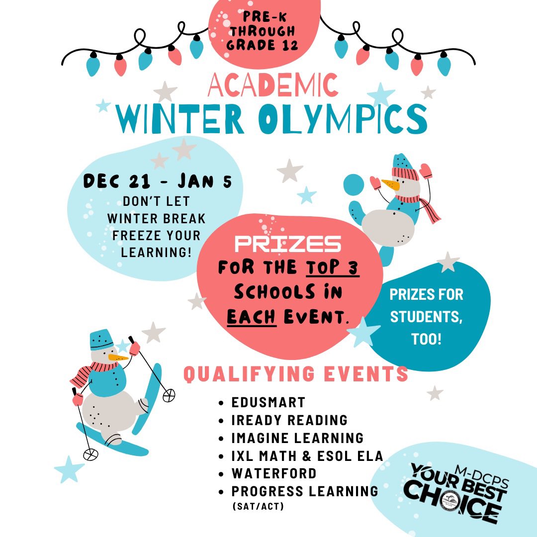 MDCPSAcademics's tweet image. 📣 Calling all students and parents! 📣
@MDCPS is hosting the Academic Winter Olympics!🥇 Don't let winter freeze your learning! #prizes #competitions