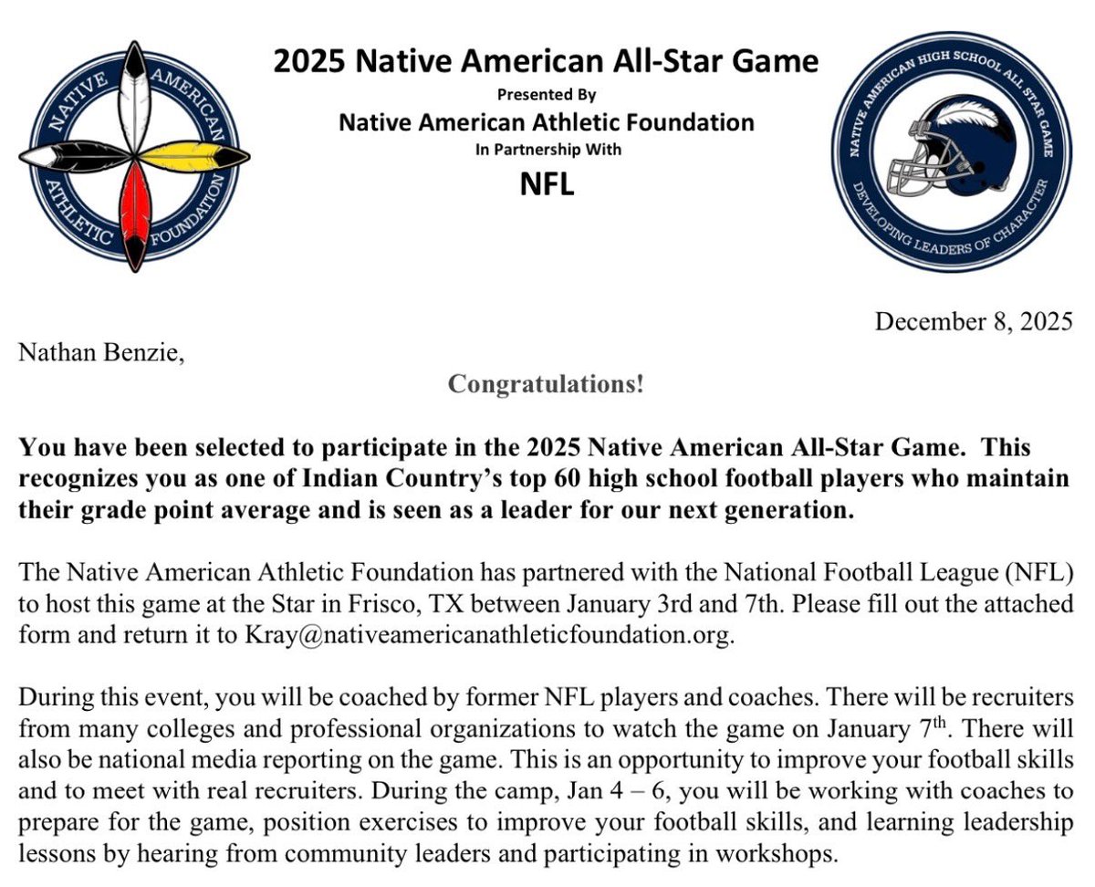 Nathan_Benzie's tweet photo. Honored and grateful to be selected for the 2025 Native American All-Star Football Game! Proud to represent the Navajo Nation and excited for the opportunity to head to Dallas to compete alongside so many talented Native athletes. @NativeAthletes #NativeAthletes #NativeAllStars #NavajoNation