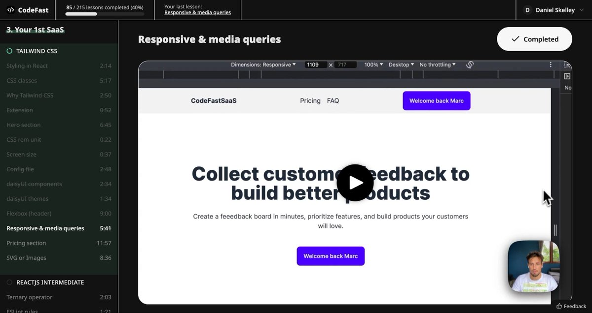 dannyskelley's tweet image. 40% complete #codefast @marc_louvion course. I really loved this section on @tailwindcss
I had never used it before but always heard about it. It was such a breeze.