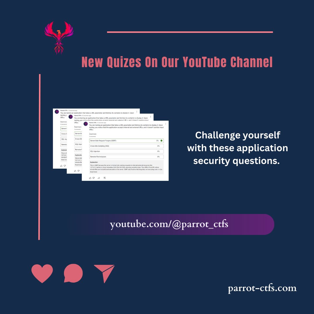 parrot_ctfs's tweet image. 🎉 Exciting news! 🎉 We&apos;re launching NEW community quizzes that are completely FREE to answer on YouTube! 🧠✨ Test your knowledge, have fun, and engage with fellow quiz lovers. Don&apos;t miss out—join the challenge today!

#CommunityQuizzes #YouTubeFun #QuizTime #KnowledgeIsPower…