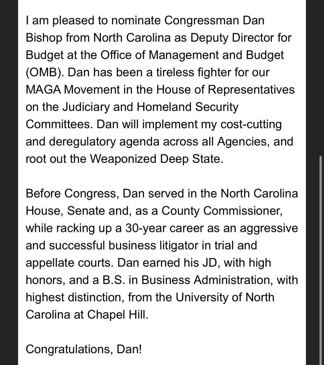 JakeSherman's tweet image. After losing the AG race in North Carolina, Dan bishop will become deputy director of OMB.