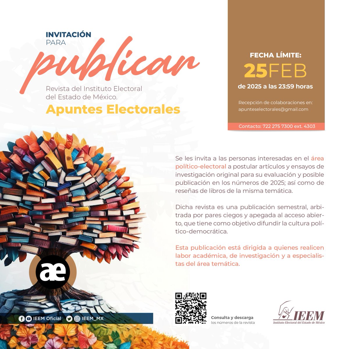 El IEEM te invita a publicar en su revista 📖 Apuntes Electorales.

🗓 Fecha límite: 25 de febrero

Más información en: aelectorales.ieem.org.mx/index.php/ae