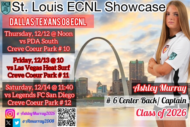 #ECNLSTL ......St. Louis ECNL Showcase this week!✈️ Looking forward to playing in front of terrific college coaches!
<a href="/ECNLgirls/">ECNL Girls</a> <a href="/ImYouthSoccer/">ECNL/GA/Recruiting/College Soccer</a> <a href="/texans08gECNL/">dallastexans_2008g_ecnl_</a>
<a href="/TXTopTalent/">TX TOP TALENT</a> <a href="/PrepSoccer/">Prep Soccer ⚽️</a>  <a href="/PrepSoccerTX/">Prep Soccer Texas</a>
<a href="/CoastRecruits/">Coast 2 Coast Recruits</a> <a href="/TheSoccerWire/">SoccerWire</a> <a href="/JonBbjon/">Jon</a>