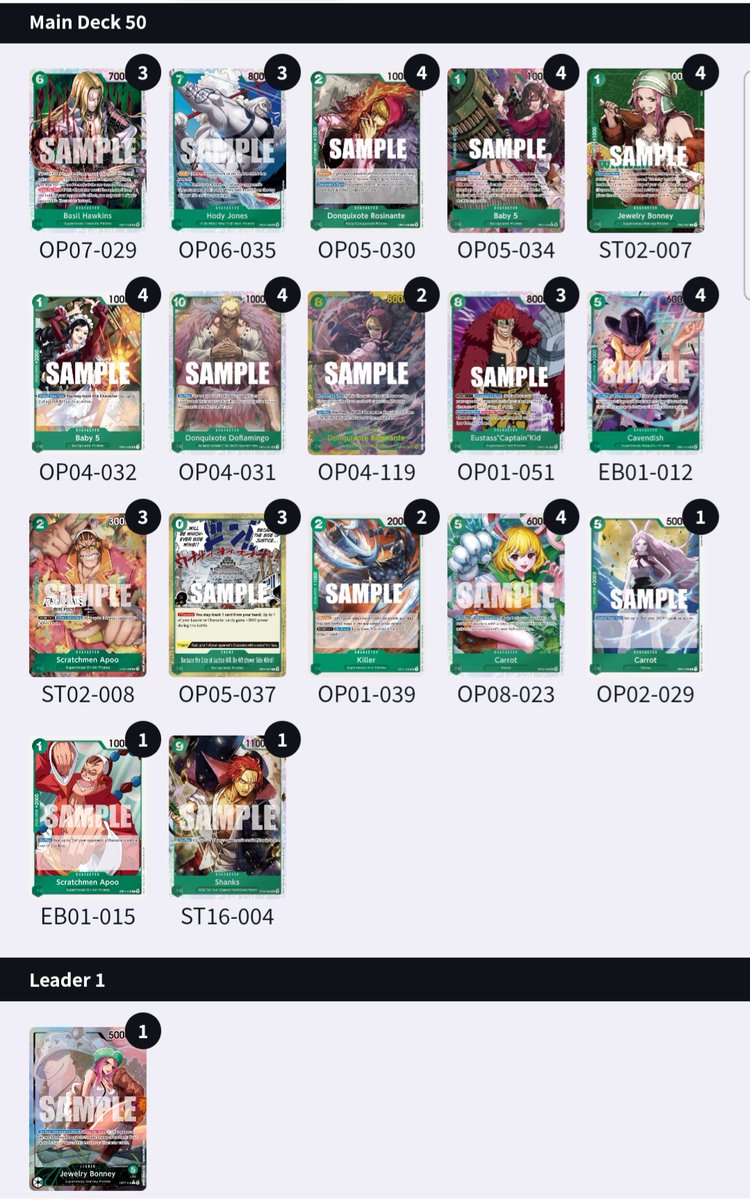 Went 9-3 at BCF but didn't make Top Cut cause of bad Tiebreaker (144th Place)

Still feel kinda sad
Maybe its time to retire Bonney
Lets grind more!

MU:
🟢 Bonney
🔴 Reiju
🟢 Pudding
🔴 Nami 
🟢 No Show
🟢 BY Luffy
🔴 Nami
🟢 Bonney 
🟢 Doflamingo
🟢 PLuffy 
🟢 Bonney
🟢 Enel