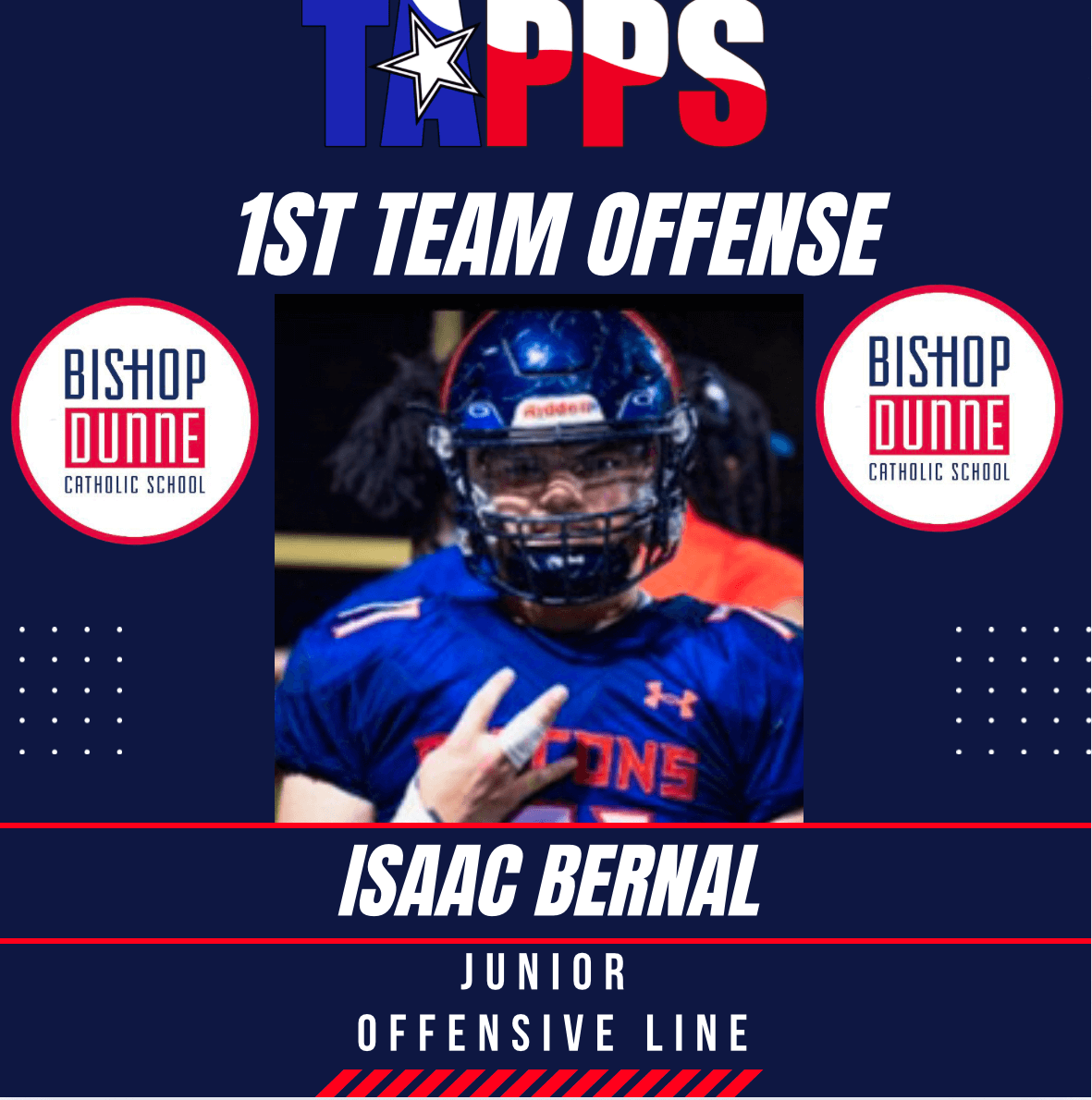 Isaac Bernal (@isaacb99_32) on Twitter photo Blessed to receive 1st team offense in TAPPS DII I wanna thank <a href="/coach_DMD/">coachDMD</a> <a href="/Coach_IshW/">Ish Wilson</a> <a href="/CalvinLDavis3/">Calvin L. Davis</a> <a href="/CoachNSlaughter/">Nathan Slaughter</a> <a href="/Dunne_Football/">Dunne Football</a> <a href="/Recruit_Dunne/">Falcon Elite Recruiting</a> .
<a href="/TXPrivateFBGuy/">Texas Private School Football</a> <a href="/LoganTillman/">Logan Tuley-Tillman</a> Blessed to receive 1st team offense in TAPPS DII I wanna thank <a href="/coach_DMD/">coachDMD</a> <a href="/Coach_IshW/">Ish Wilson</a> <a href="/CalvinLDavis3/">Calvin L. Davis</a> <a href="/CoachNSlaughter/">Nathan Slaughter</a> <a href="/Dunne_Football/">Dunne Football</a> <a href="/Recruit_Dunne/">Falcon Elite Recruiting</a> .
<a href="/TXPrivateFBGuy/">Texas Private School Football</a> <a href="/LoganTillman/">Logan Tuley-Tillman</a>