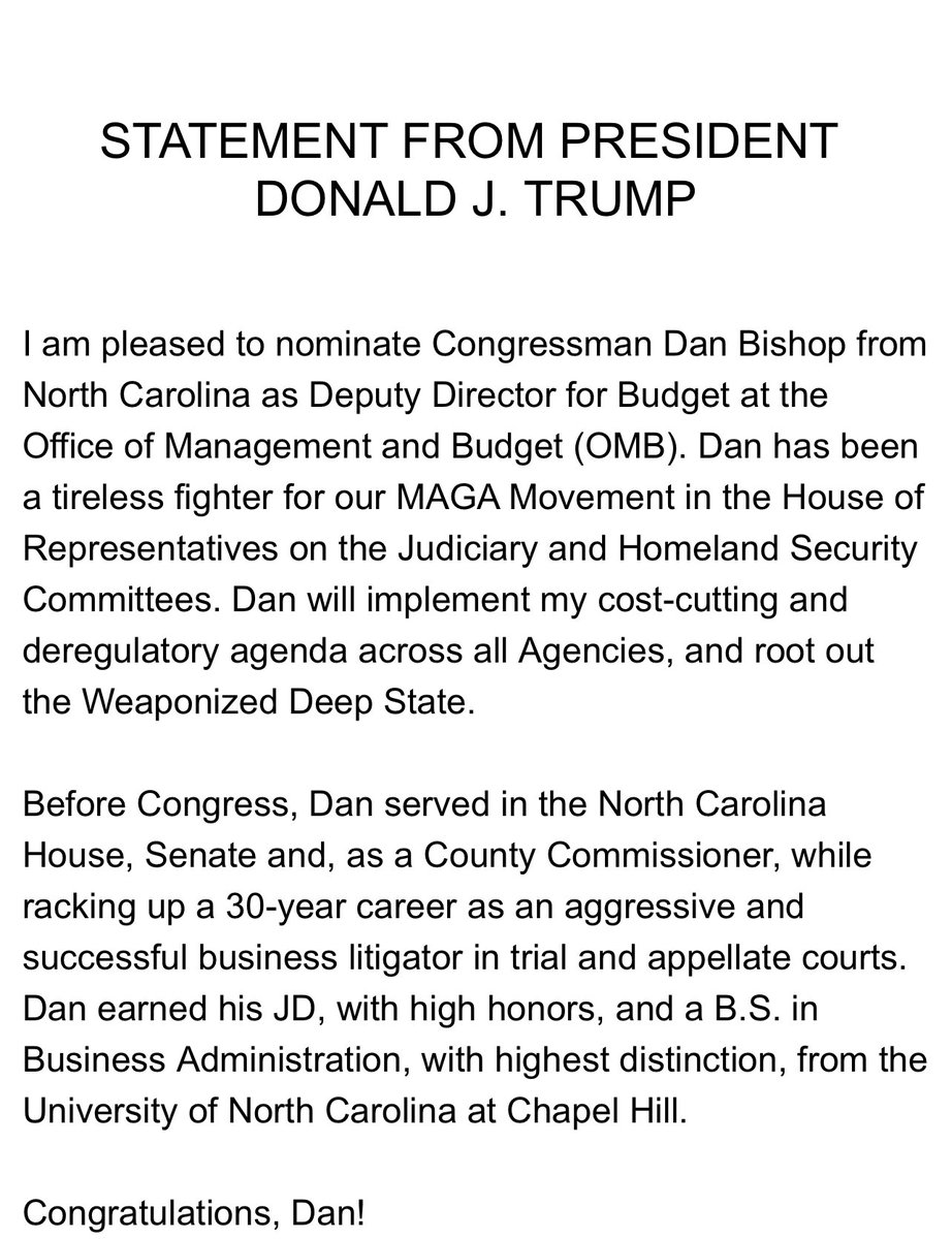 CONGRATULATIONS DAN BISHOP!
<a href="/danbishopnc/">Dan Bishop</a> 
#ncpol