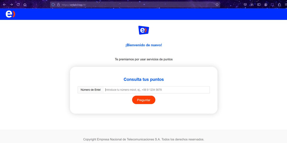 1ZRR4H's tweet photo. 🚨🇨🇱 Interesante dominio #phishing entelcl[.]top registrado hace 5 días suplanta a Entel Chile (@entel) para robar datos personales y tarjeta de crédito.

"Servicio Puntos Entel te recuerda que tu cuenta de puntos actual (65890  puntos) caducará en tres días hábiles. Para evitar el impacto, canjee  los puntos de recompensa a tiempo."