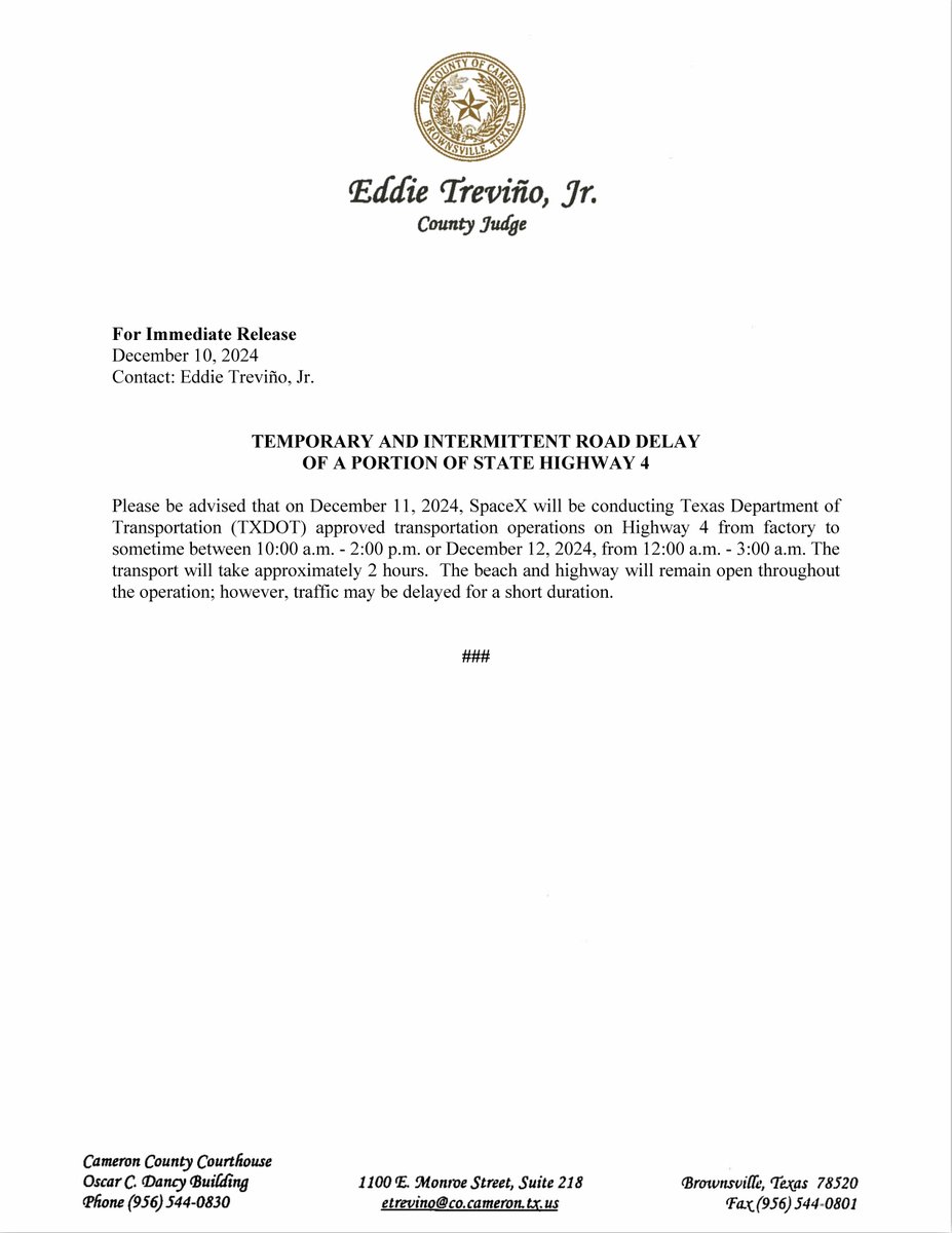 Temporary delays on State Highway 4: SpaceX transport approved by TXDOT on Dec. 11 (10 AM–2 PM) or Dec. 12 (12 AM–3 AM). Expect brief traffic delays (~2 hrs). Beach and highway remain open.