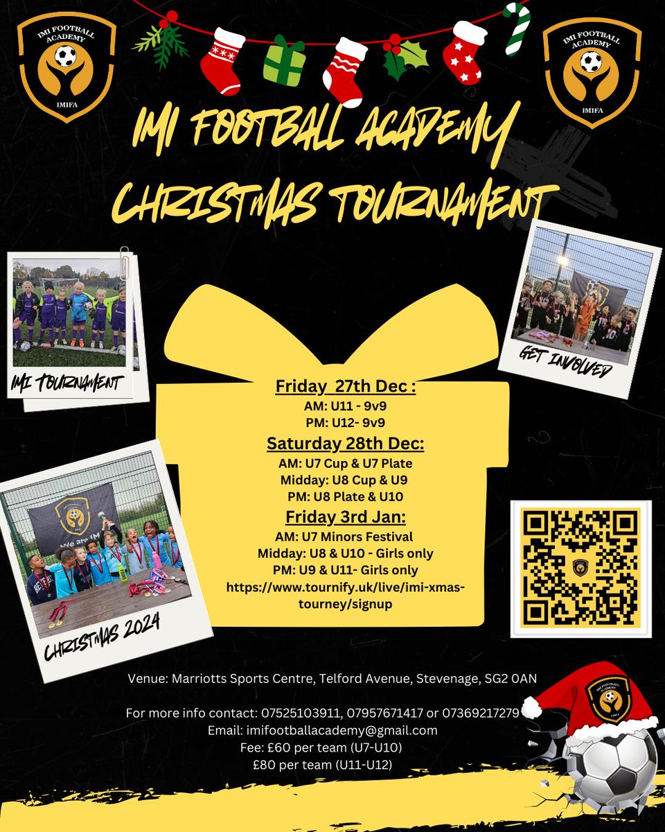 tournify.uk/live/imi-xmas-…

All,

🚨 *FEW SPACES LEFT* 🚨 

U6/U7 MINOR - 4 spaces left
U7 Cup - 3 spaces left
U7 Plate - 3 spaces left
U8 Cup - 3 spaces left
U8 Plate - 4 spaces left
U9 - 2 spaces left
U10 - 5 spaces left
U11 - 3 spaces left
U12 - 6 spaces left