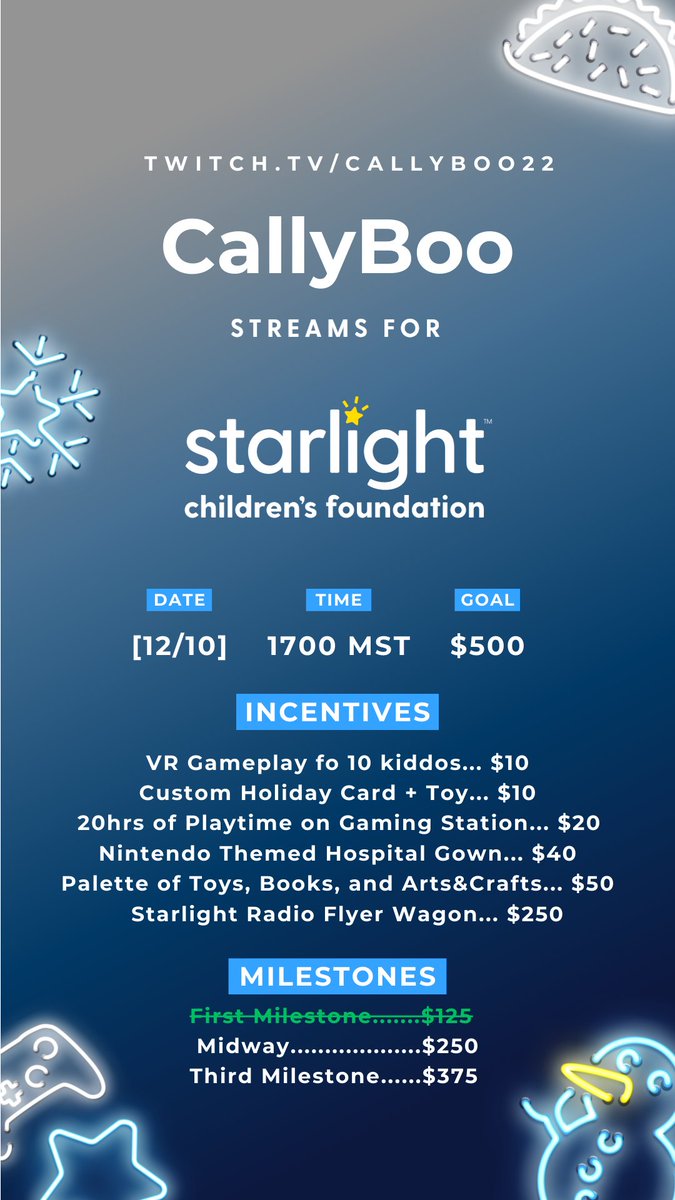callyboo22's tweet photo. ❄️LIVE❄️
Happy Tuesday everyone! We are currently streaming for @StarlightUS Day 10/12 as we raise money for the kiddos via @tiltify! 

We are currently at $125 out of my $500 goal! 
Can you help me reach my $250 milestone?

https://t.co/az7F5185OQ
#ClausMyCause https://t.co/uy79kujZFa
