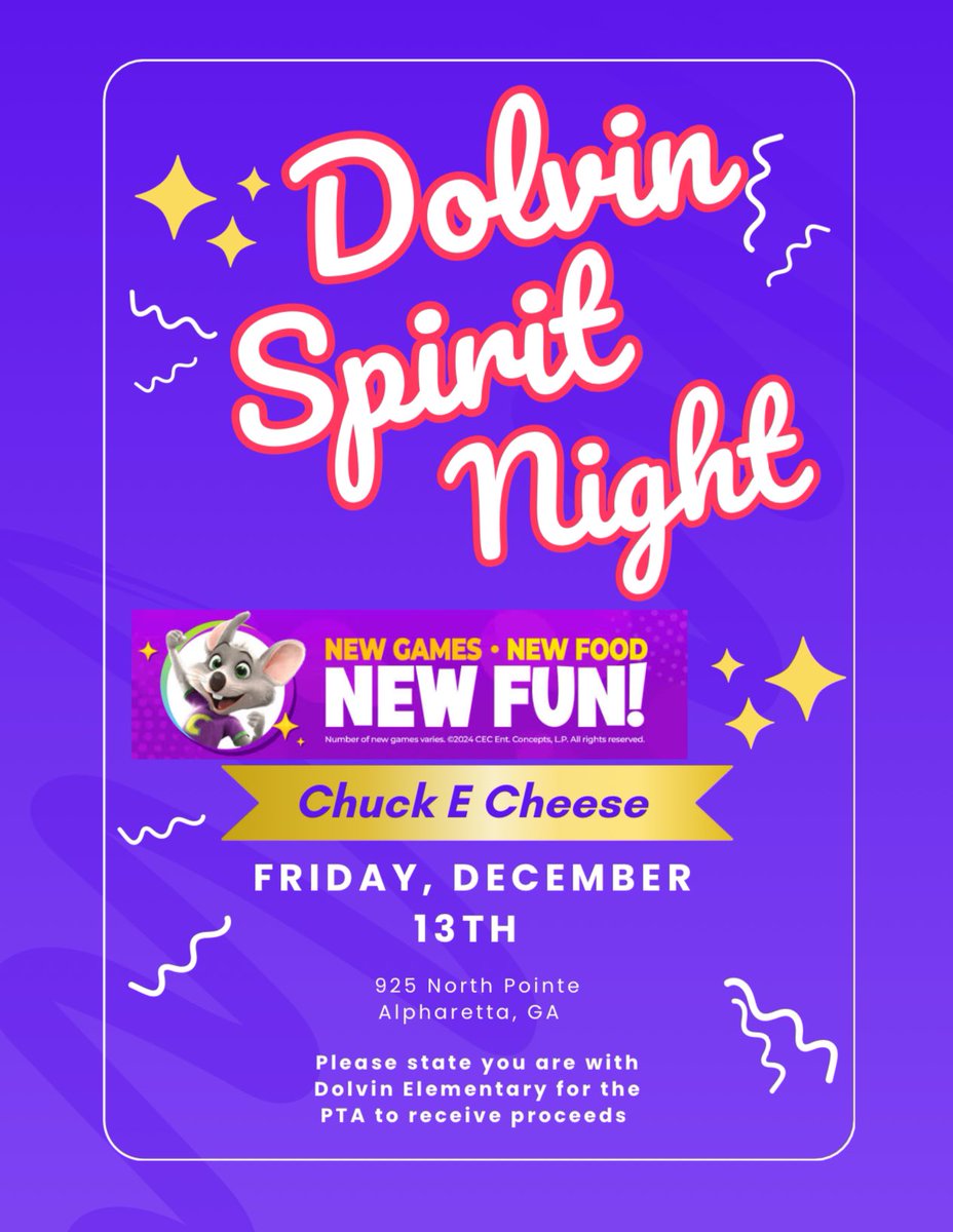 Join us for our last spirit night of the semester!  See y’all on Friday at Chuck E Cheese!

**REMEMBER TO LET THEM KNOW YOU’RE WITH DOLVIN! 🐬