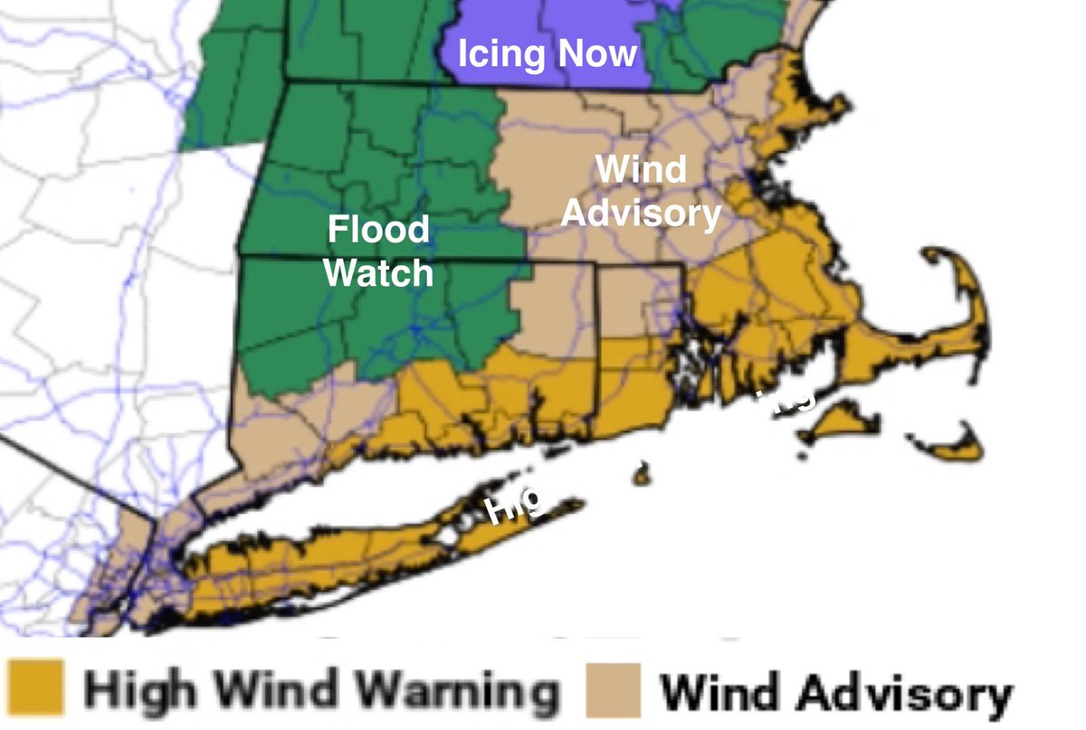 Eweather13's tweet photo. ⚠️Heavy rain and strong winds expected tomorrow. High wind warnings, wind advisories and flood watches are posted.

No major changes. Drizzle trends toward periods of rain tonight which gets heavier and steadier after midnight. Still some icing going on across parts of MA and into NH and VT. 

Rain of varying intensity all day tomorrow doesn’t taper down until tomorrow night around midnight. Embedded thunderstorms possible. 2-3” of rain expected for most. Less for eastern coastal MA. 

Wind picks up tomorrow and is strongest tomorrow mid afternoon into tomorrow night when you’ll hear that roaring low level jet overhead. Where the high wind warning is, southerly gusts 45-65mph with some higher gusts possible across SE coastal areas. Inland where the wind advisory is, 35-55mph gusts. Scattered tree damage and outages possible. 

Model blend rainfall and RGEM modeled max wind gusts shown above. 

Please share your reports during the storm. Remember the worst of it is later tomorrow (I have to reinforce that or someone will tell me tomorrow morning that this is a bust!). Have a good night.