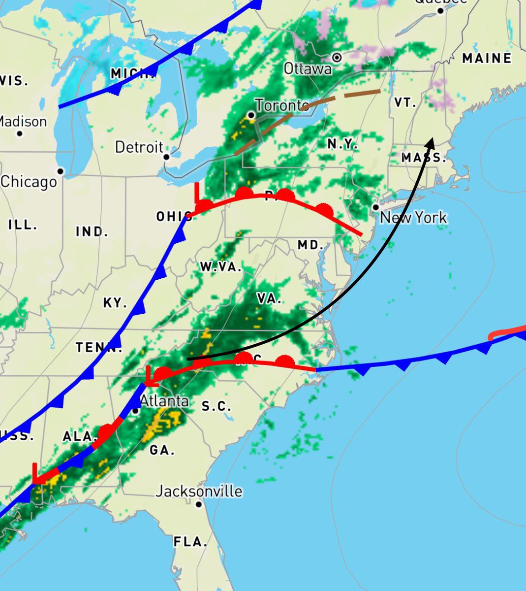 Eweather13's tweet photo. ⚠️Heavy rain and strong winds expected tomorrow. High wind warnings, wind advisories and flood watches are posted.

No major changes. Drizzle trends toward periods of rain tonight which gets heavier and steadier after midnight. Still some icing going on across parts of MA and into NH and VT. 

Rain of varying intensity all day tomorrow doesn’t taper down until tomorrow night around midnight. Embedded thunderstorms possible. 2-3” of rain expected for most. Less for eastern coastal MA. 

Wind picks up tomorrow and is strongest tomorrow mid afternoon into tomorrow night when you’ll hear that roaring low level jet overhead. Where the high wind warning is, southerly gusts 45-65mph with some higher gusts possible across SE coastal areas. Inland where the wind advisory is, 35-55mph gusts. Scattered tree damage and outages possible. 

Model blend rainfall and RGEM modeled max wind gusts shown above. 

Please share your reports during the storm. Remember the worst of it is later tomorrow (I have to reinforce that or someone will tell me tomorrow morning that this is a bust!). Have a good night.