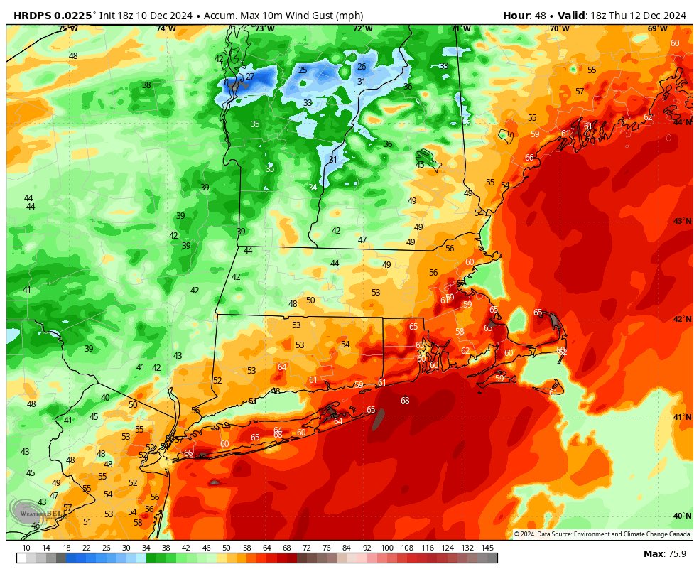 Eweather13's tweet photo. ⚠️Heavy rain and strong winds expected tomorrow. High wind warnings, wind advisories and flood watches are posted.

No major changes. Drizzle trends toward periods of rain tonight which gets heavier and steadier after midnight. Still some icing going on across parts of MA and into NH and VT. 

Rain of varying intensity all day tomorrow doesn’t taper down until tomorrow night around midnight. Embedded thunderstorms possible. 2-3” of rain expected for most. Less for eastern coastal MA. 

Wind picks up tomorrow and is strongest tomorrow mid afternoon into tomorrow night when you’ll hear that roaring low level jet overhead. Where the high wind warning is, southerly gusts 45-65mph with some higher gusts possible across SE coastal areas. Inland where the wind advisory is, 35-55mph gusts. Scattered tree damage and outages possible. 

Model blend rainfall and RGEM modeled max wind gusts shown above. 

Please share your reports during the storm. Remember the worst of it is later tomorrow (I have to reinforce that or someone will tell me tomorrow morning that this is a bust!). Have a good night.