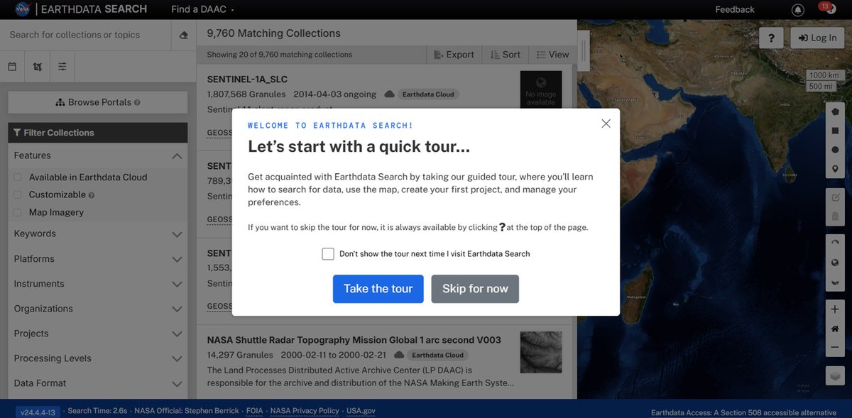 Using NASA Earthdata Search just got easier. A new guided tour has been added to Earthdata Search that shows you how to use Earthdata Search to search for data, use the map, create your first project, and manage your preferences.  

Get started at: search.earthdata.nasa.gov