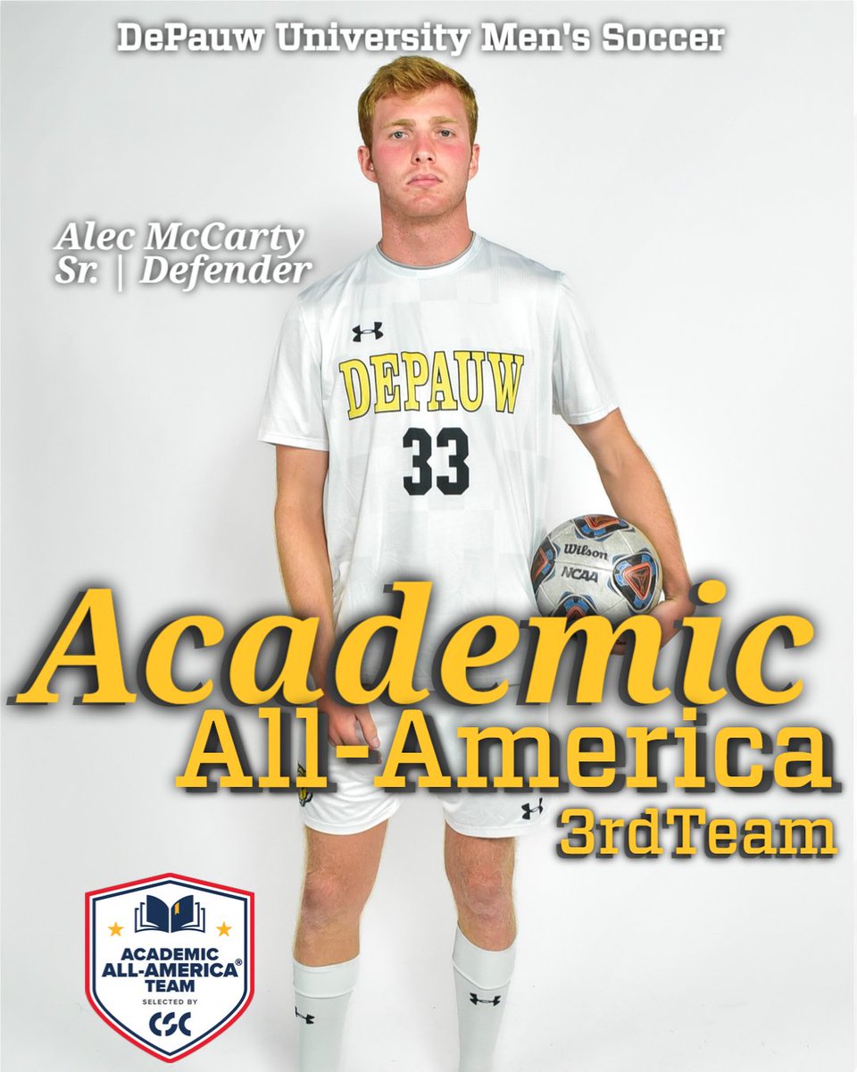 DePauwAthletics's tweet photo. The @CollSportsComm Academic All-America MSOC teams were announced & Men's @DePauwSoccer Sr/Def., Alec McCarty, was named to the 3rd Team Academic All-America®️! Congrats & thank you for your dedication to your team!
🔗https://t.co/TLR84MWKoI
#TeamDePauw #d3soc #GoldWithin https://t.co/PVzr4RyZEg