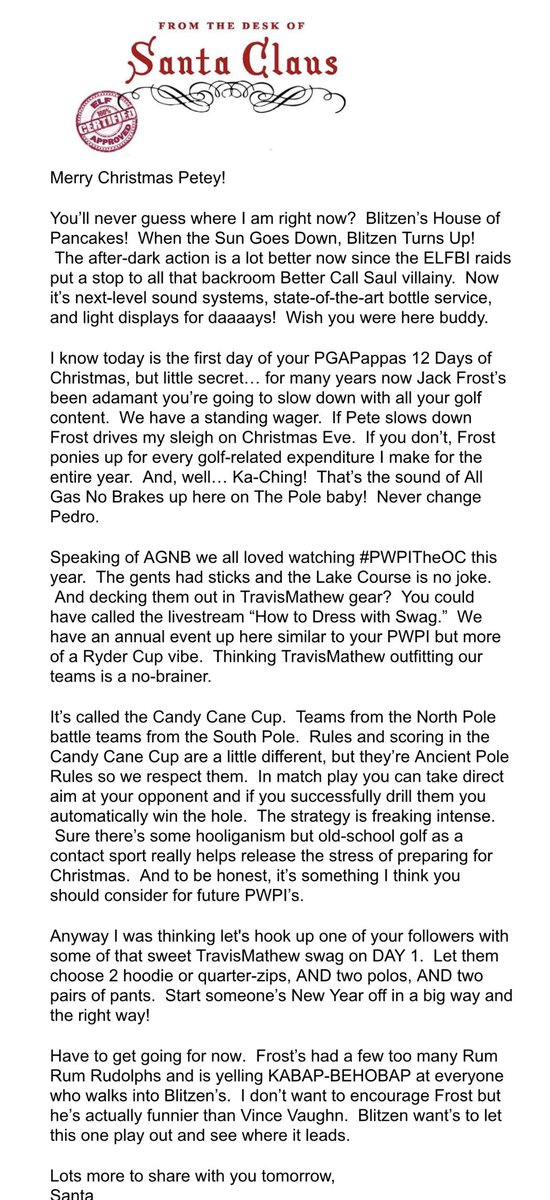 Letters from Santa DAY 1 PGAPappas 12 Days of Christmas Golf Giveaway

🎁 TravisMathew 2 Hoodies AND 2 Polos AND 2 Pairs of Pants (Choose ANY here: travismathew.com) 👀

To enter:
🎄 Repost
🎄 Follow <a href="/PGAPappas/">Pete Pappas</a> and <a href="/TRAVISMATHEW/">TravisMathew</a>

#ReleaseTheKringle! pgapappas.blogspot.com/2024/12/letter…