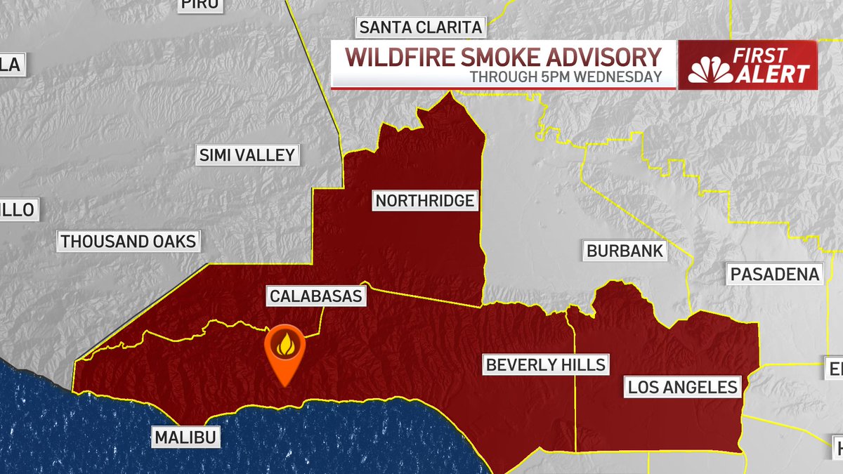 A Wildfire Smoke Advisory remains in effect until 5pm Wednesday due to the #FranklinFire burning in Malibu. 

If you live near the area and see or smell smoke, head indoors and close all windows to limit exposure. #NBCLA