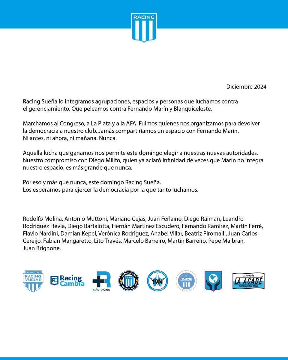 Están desesperados por impedir que los socios voten el domingo. 
Tienen las mañas de la vieja política. Ese Racing no va más. 
Intentan vincularnos con Marín cuando estuvimos siempre resistiendo el gerenciamiento. Mejor no preguntar donde estaba Víctor Blanco en aquel entonces..