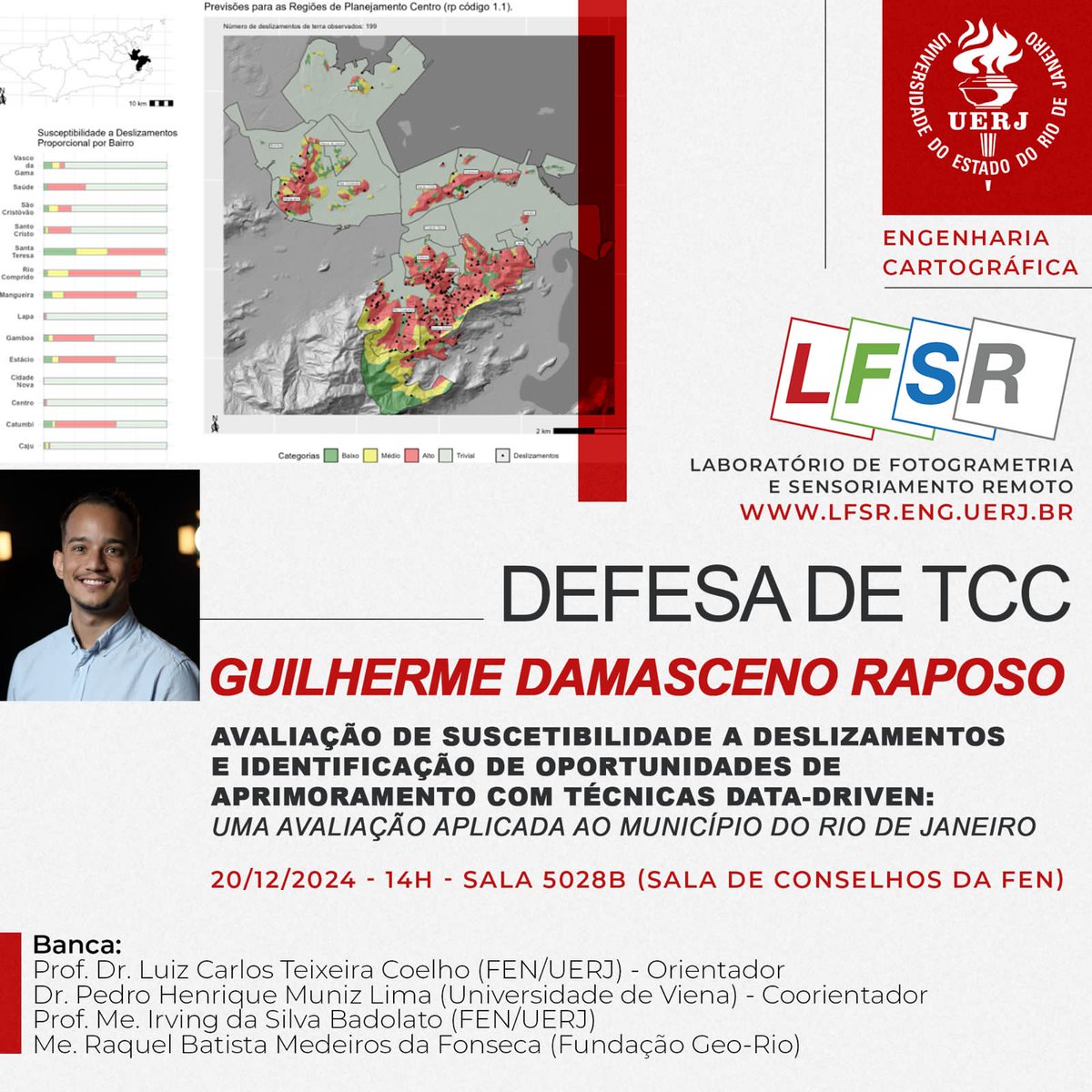 lfsruerj's tweet photo. 🎓Convite oficial para a defesa pública de trabalho de conclusão de curso do aluno Guilherme Damasceno Raposo, graduando em Engenharia Cartográfica, dia 20 de dezembro de 2024, na sala 5028B (Sala de Conselhos da Faculdade de Engenharia). https://t.co/P49f5scrM7