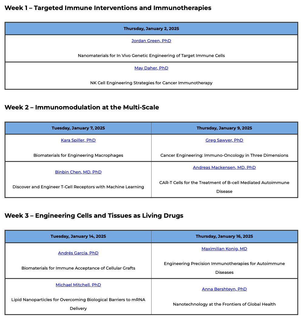 Johns Hopkins Translational ImmunoEngineering (@ncbib_jhtie) on Twitter photo Jan '25 #Advances in #Immunoengineering #Workshop! FREE Registration jhtie.jhmi.edu/training-upcom… Exciting speakers include:
<a href="/GarciaLabGT/">GarciaLabGT</a>
<a href="/MJMitchell_Lab/">Mike Mitchell</a>
<a href="/KaraSpillerLab/">Kara L Spiller</a>
<a href="/MaxKonigMD/">Max Konig</a>
@May_Daher
<a href="/ProfGregSawyer/">W. Gregory Sawyer</a>
& More!
<a href="/NIBIBgov/">NIBIB</a>
<a href="/HopkinsMedicine/">Johns Hopkins Medicine</a>
<a href="/HopkinsEngineer/">Johns Hopkins Engineering</a>
<a href="/INBT_JHU/">The Johns Hopkins Institute for NanoBioTechnology</a>
<a href="/JHUBME/">Johns Hopkins BME</a> Jan '25 #Advances in #Immunoengineering #Workshop! FREE Registration jhtie.jhmi.edu/training-upcom… Exciting speakers include:
<a href="/GarciaLabGT/">GarciaLabGT</a>
<a href="/MJMitchell_Lab/">Mike Mitchell</a>
<a href="/KaraSpillerLab/">Kara L Spiller</a>
<a href="/MaxKonigMD/">Max Konig</a>
@May_Daher
<a href="/ProfGregSawyer/">W. Gregory Sawyer</a>
& More!
<a href="/NIBIBgov/">NIBIB</a>
<a href="/HopkinsMedicine/">Johns Hopkins Medicine</a>
<a href="/HopkinsEngineer/">Johns Hopkins Engineering</a>
<a href="/INBT_JHU/">The Johns Hopkins Institute for NanoBioTechnology</a>
<a href="/JHUBME/">Johns Hopkins BME</a>