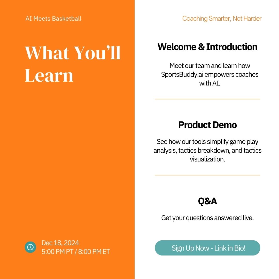 athleo_ai's tweet photo. 🏀 Coaches!! Join our AMA on December 18 to discover how https://t.co/jCW6km66cb can revolutionize the way you coach with AI-powered tools designed specifically for basketball.
  
📅 Date: December 18, 2024 
⏰ Time: 5:00 PM PT / 8:00 PM ET
🚀 Sign Up Now! Link in Bio. https://t.co/e5BMpKq1pL