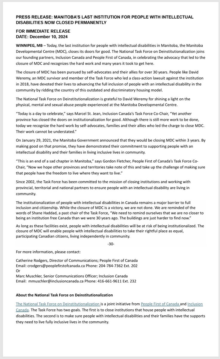Please find below a news release from the National Task Force on Deinstitutionalization about the closure of the Manitoba Developmental Centre.