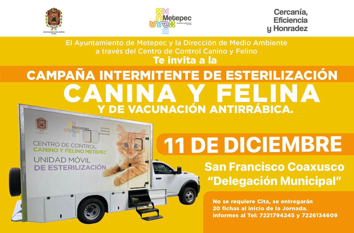 MetepecAmbiente's tweet photo. Acude a la “Séptima campaña móvil de esterilización canina y felina”, ahora también para perros y gatos en situación de calle. Recuerda que iniciamos en punto de las 9:00 horas. ¡No faltes!
#CiudadanosGobernando
#MetepetFriendly https://t.co/aBOps2rtJ8