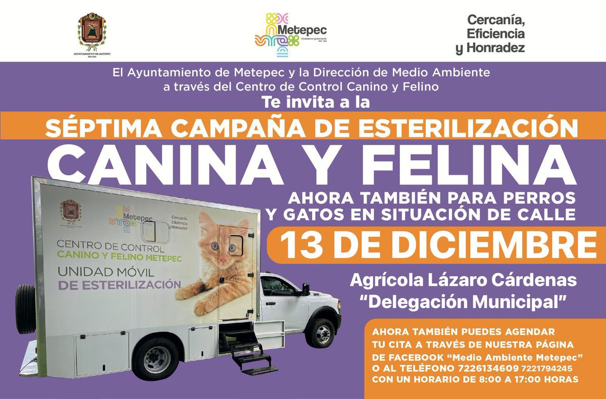 MetepecAmbiente's tweet photo. Acude a la “Séptima campaña móvil de esterilización canina y felina”, ahora también para perros y gatos en situación de calle. Recuerda que iniciamos en punto de las 9:00 horas. ¡No faltes!
#CiudadanosGobernando
#MetepetFriendly https://t.co/aBOps2rtJ8