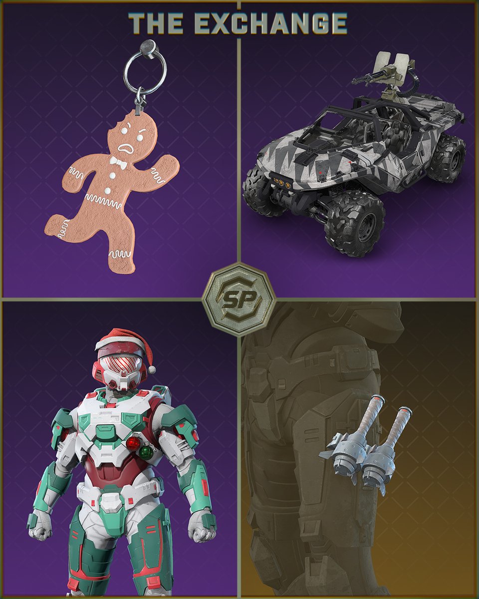 Halo's tweet photo. The season of cheer has arrived in The Exchange!
Redeem your Spartan Points 🪙 for these festive exclusive items:
🍞 Breadhead weapon charm
❄️ Arctic Disruption vehicle coating
🎩 Silent Nightcap helmet attachment
💣 Grenade Harness hip gear
➕ more!
#OperationSnowbound https://t.co/bSzSdMtgoV