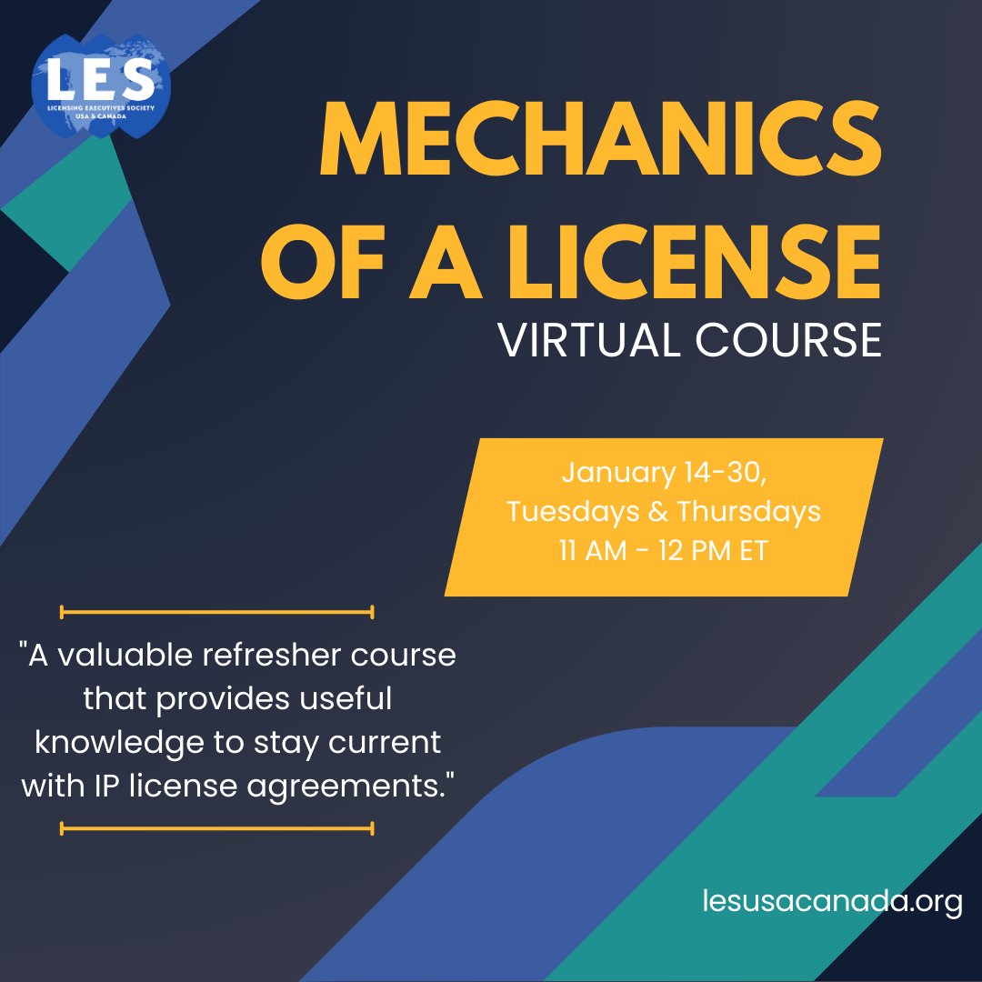 Ready to transform your licensing expertise? Join LES' Mechanics of a License course to gain the skills to draft and negotiate licensing agreements like a pro. Six one hour sessions in January. 

📲 Details &amp; Registration: bit.ly/3ZCSG2n