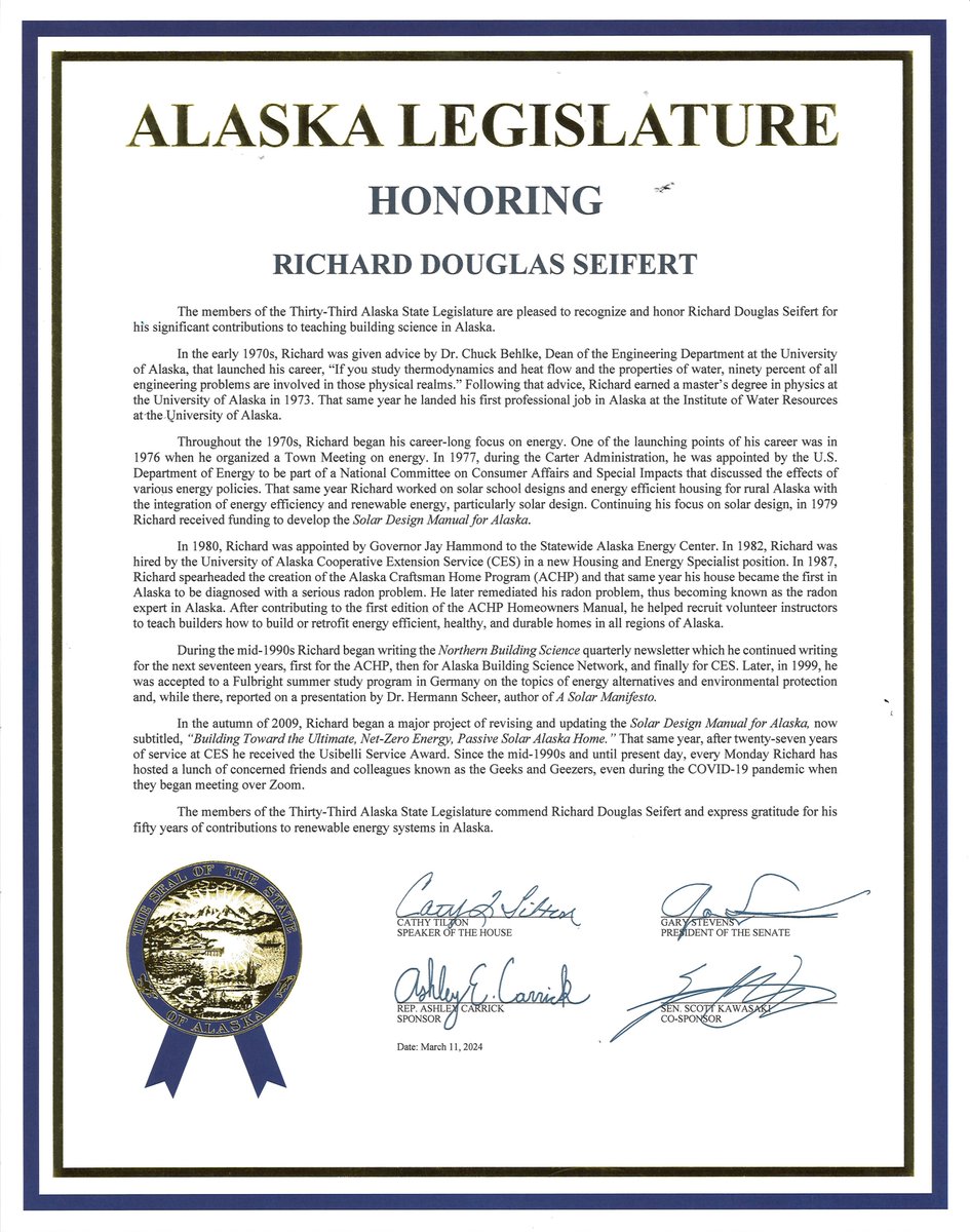 HONORING THE SOLAR HERO💛💙

Earlier this week I presented a legislative citation honoring Rich Seifert for his decades of work on Alaskan energy policy and his advocacy for solar energy. Thank you Rich for your years of service to our community!