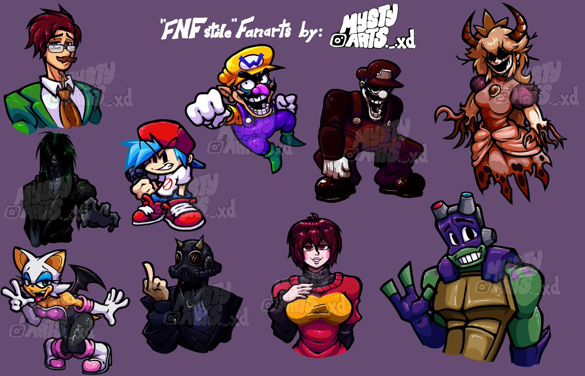 rottenmystsken's tweet photo. More concepts. I made these on the iPad they gave me as a gift ><) (I made them all based on comments on Instagram Lives. And on Live).
#StardewValley #Wario #mariosmadnessv2 #Fnfstyle #mrcrawling #fridaynightfunkin #mrcrawling #RougeTheBat #Sodoghost #teenagemutantninjaturtles https://t.co/U90X2hzUME