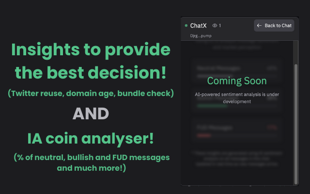 👀 Yo $SOL degens! ChatX just got 200IQ smarter! 

🧠 AI-powered insights coming to your BullX terminal:

🔥 What's cooking:
- Sentiment analysis (bullish or ngmi?) 
- Twitter reuse detector (no more fake hype anon)
- Domain age check (rug detector 3000)
- Bundle checker (watch