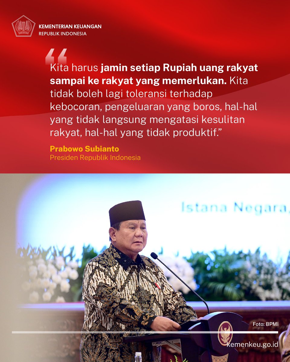 KemenkeuRI's tweet photo. Presiden @prabowo menyampaikan pesan penting terkait pengelolaan #UangKita kepada Kementerian/Lembaga dan Pemerintah Daerah. 🫡

Mau tahu rincian alokasi #APBN2025 dalam mendukung program prioritas pemerintah di tahun 2025? 
Cek di sini https://t.co/VFBvacj3Fx

#DIPA2025 https://t.co/QGyB3FDryp