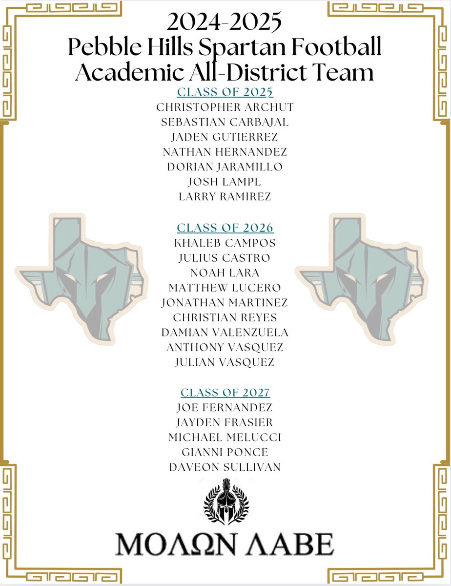 Ryan Warner (@coachrwarner) on Twitter photo Spartan Academic All District football players! Congratulations to the following Student athletes that excelled in the classroom as well as on the field! 🤓 <a href="/PHills_HS/">Pebble Hills High School</a> Spartan Academic All District football players! Congratulations to the following Student athletes that excelled in the classroom as well as on the field! 🤓 <a href="/PHills_HS/">Pebble Hills High School</a>