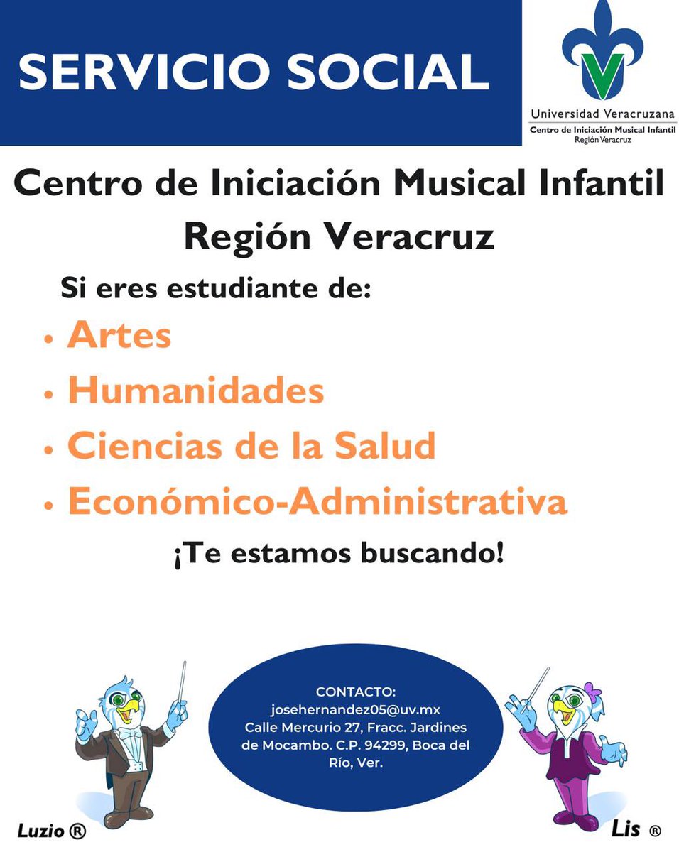 ¡Forma parte del Centro de Iniciación Musical Infantil, Región Veracruz! 

¿Eres estudiante de las áreas de Artes, Humanidades, Ciencias de la Salud o Económico-Administrativo?

 ¡Tenemos un lugar para ti en Servicio Social!